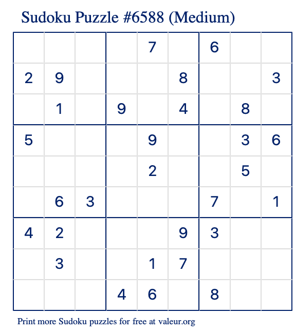 Free Printable Medium Sudoku Puzzle number 6588
