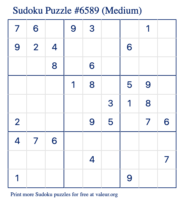 Free Printable Medium Sudoku Puzzle number 6589