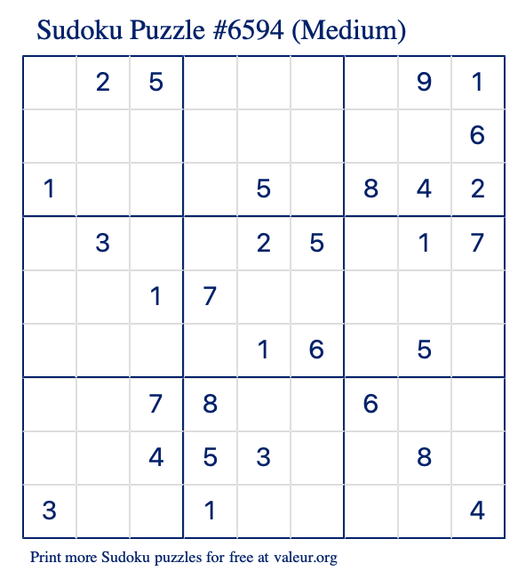 Free Printable Medium Sudoku Puzzle number 6594