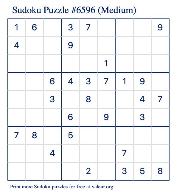 Free Printable Medium Sudoku Puzzle number 6596