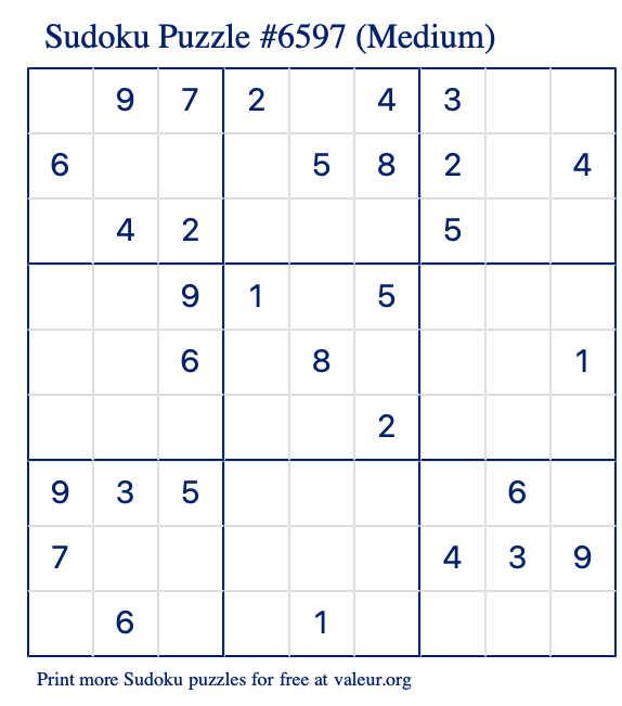 Free Printable Medium Sudoku Puzzle number 6597