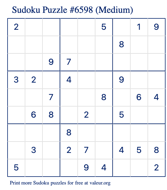Free Printable Medium Sudoku Puzzle number 6598