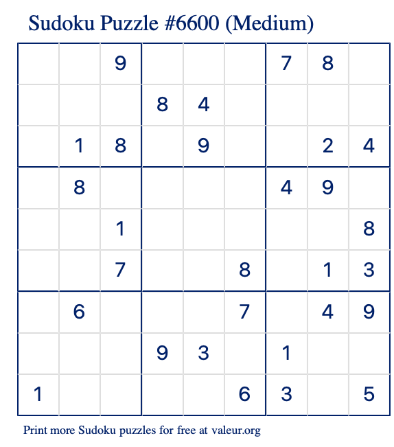 Free Printable Medium Sudoku Puzzle number 6600