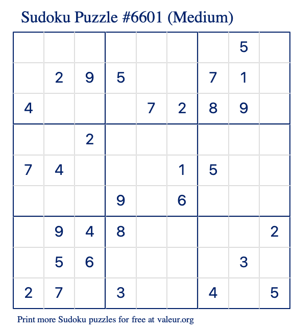 Free Printable Medium Sudoku Puzzle number 6601