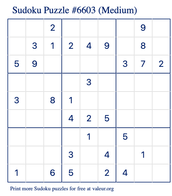 Free Printable Medium Sudoku Puzzle number 6603