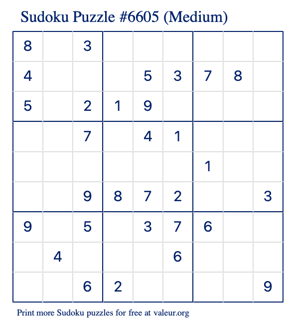 Free Printable Medium Sudoku Puzzle number 6605