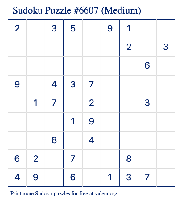 Free Printable Medium Sudoku Puzzle number 6607