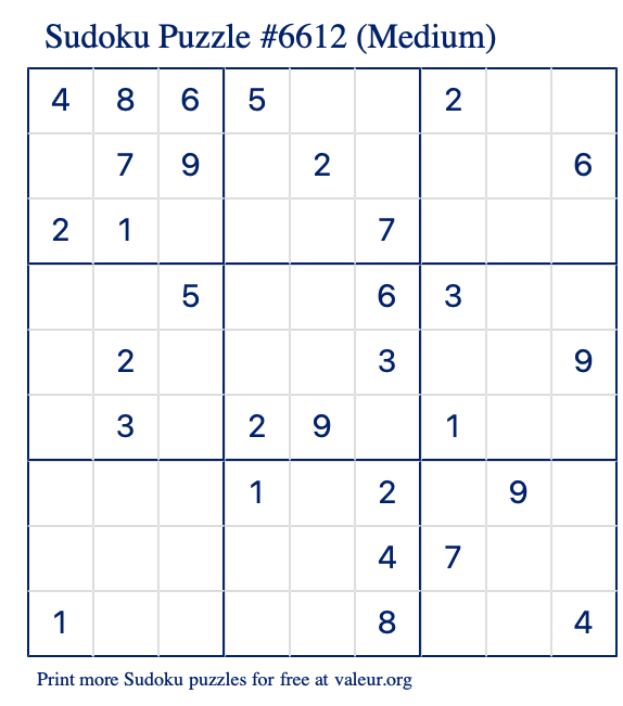 Free Printable Medium Sudoku Puzzle number 6612