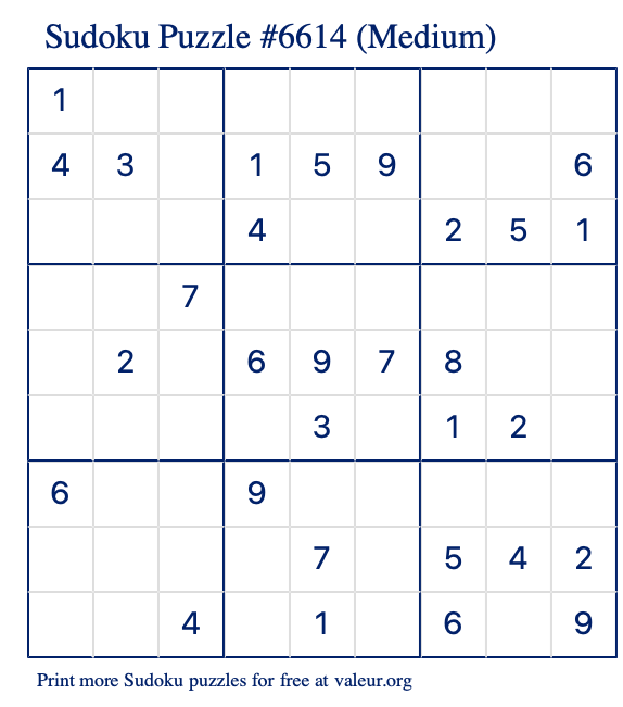 Free Printable Medium Sudoku Puzzle number 6614