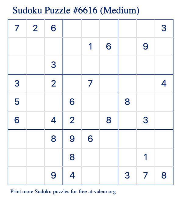 Free Printable Medium Sudoku Puzzle number 6616