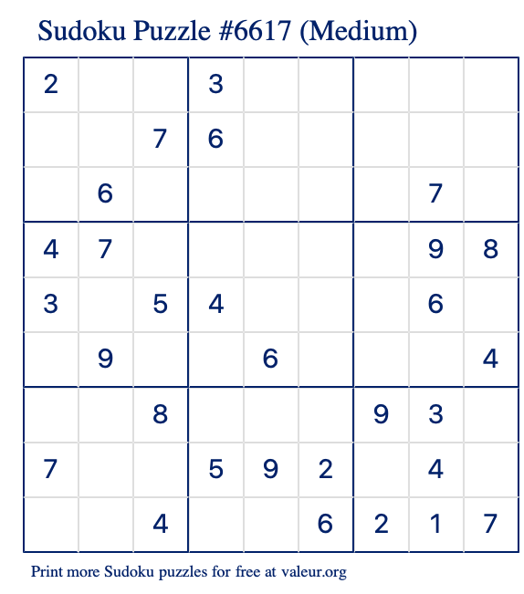 Free Printable Medium Sudoku Puzzle number 6617