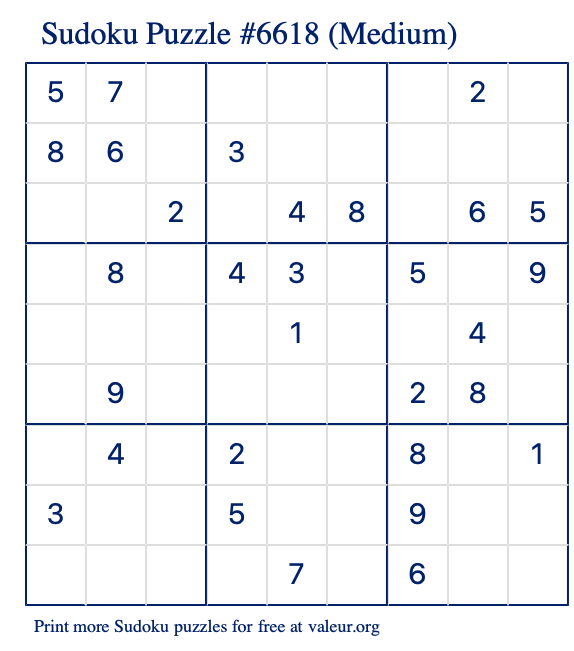 Free Printable Medium Sudoku Puzzle number 6618