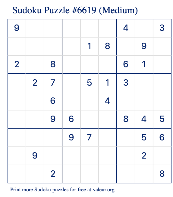 Free Printable Medium Sudoku Puzzle number 6619