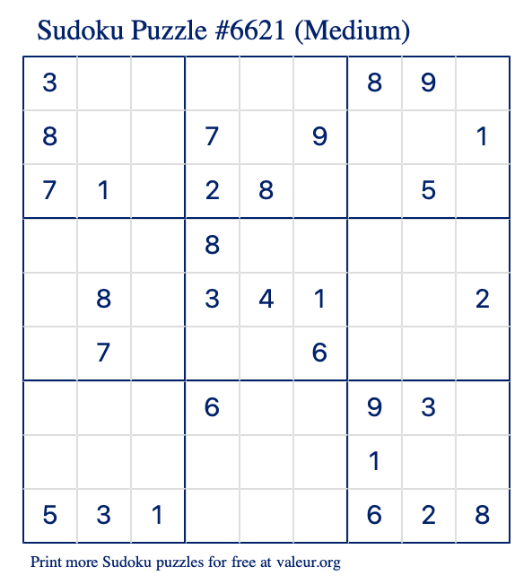 Free Printable Medium Sudoku Puzzle number 6621