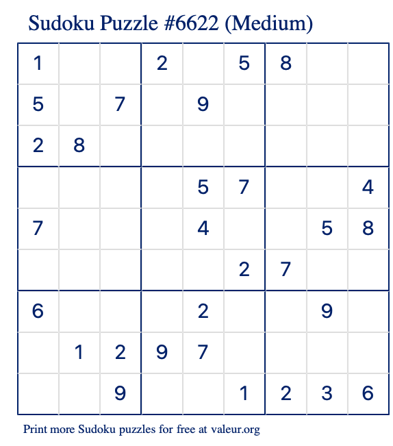 Free Printable Medium Sudoku Puzzle number 6622