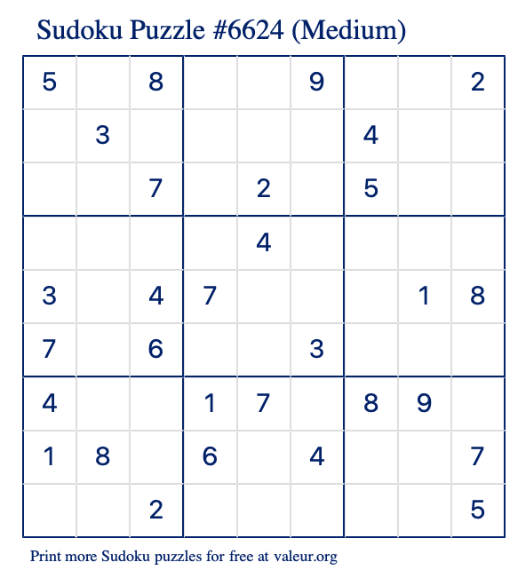 Free Printable Medium Sudoku Puzzle number 6624