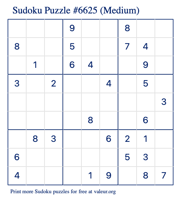 Free Printable Medium Sudoku Puzzle number 6625