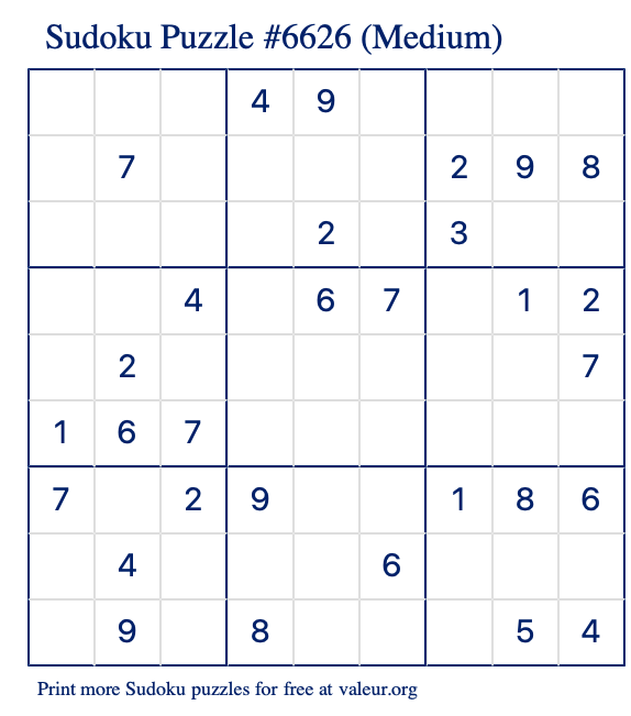 Free Printable Medium Sudoku Puzzle number 6626