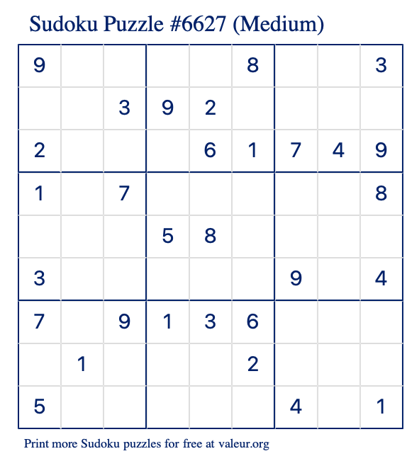 Free Printable Medium Sudoku Puzzle number 6627