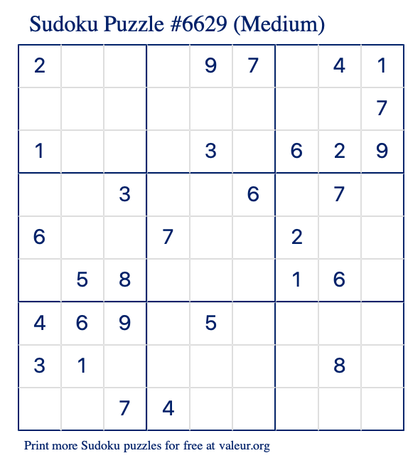 Free Printable Medium Sudoku Puzzle number 6629