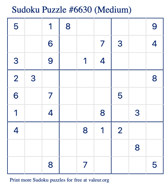 Free Printable Medium Sudoku Puzzle number 6630