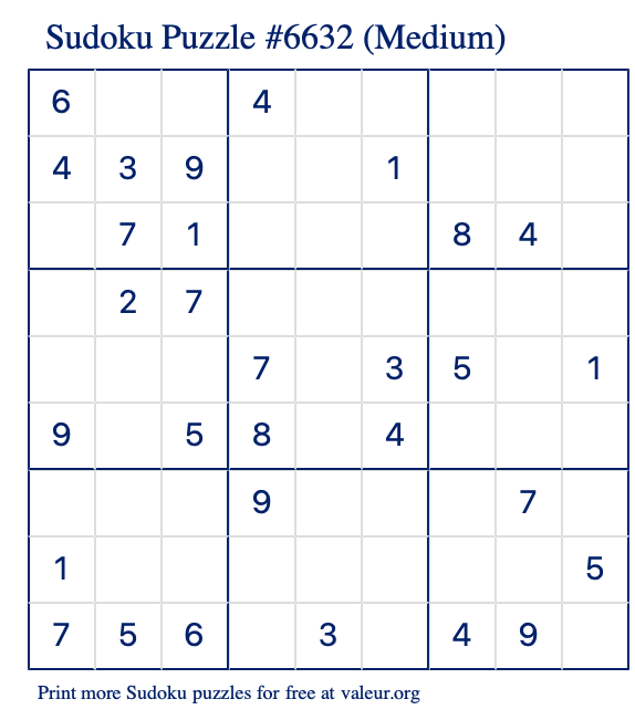 Free Printable Medium Sudoku Puzzle number 6632