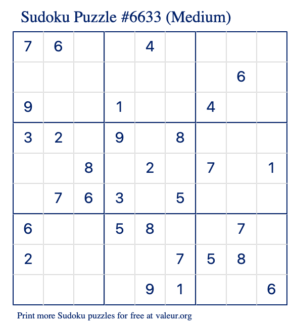 Free Printable Medium Sudoku Puzzle number 6633