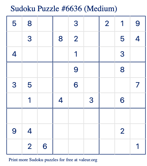 Free Printable Medium Sudoku Puzzle number 6636