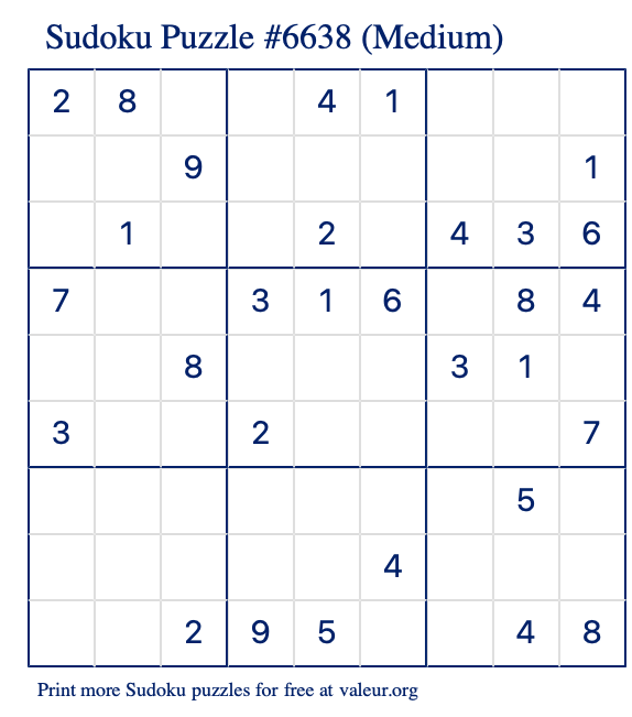 Free Printable Medium Sudoku Puzzle number 6638