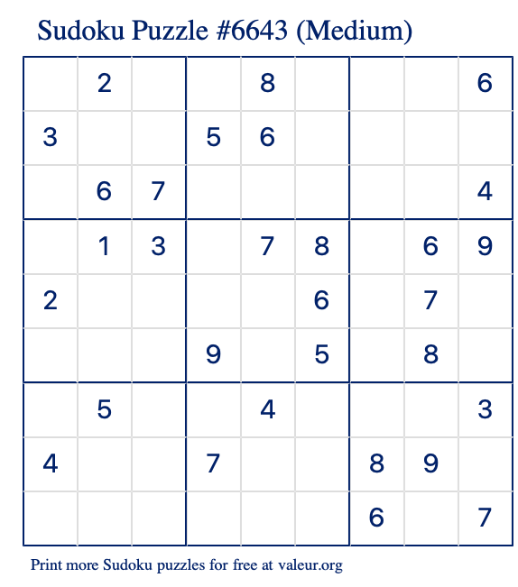 Free Printable Medium Sudoku Puzzle number 6643