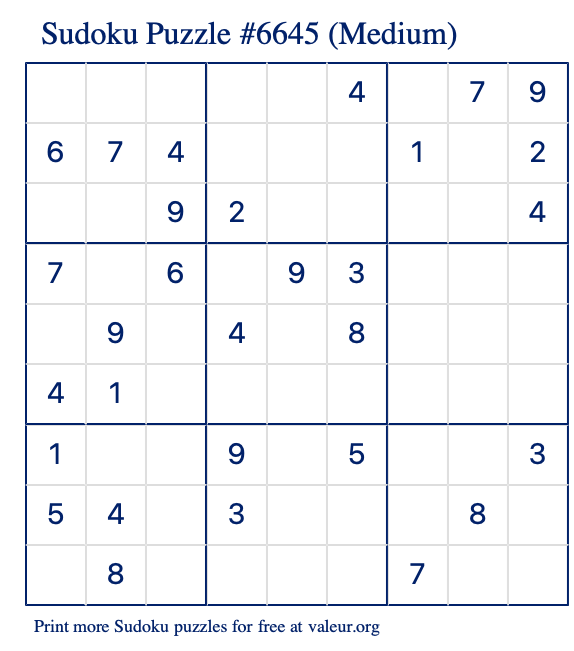 Free Printable Medium Sudoku Puzzle number 6645