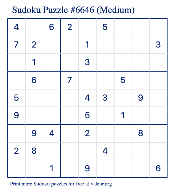 Free Printable Medium Sudoku Puzzle number 6646