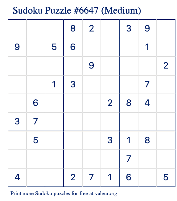 Free Printable Medium Sudoku Puzzle number 6647