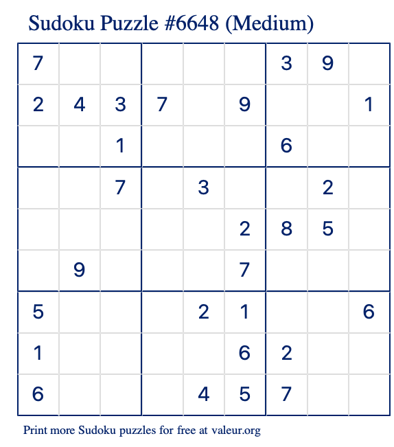 Free Printable Medium Sudoku Puzzle number 6648