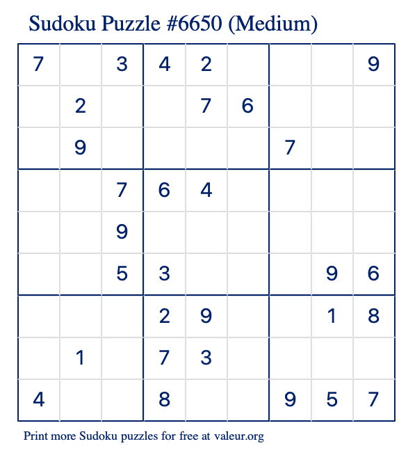 Free Printable Medium Sudoku Puzzle number 6650