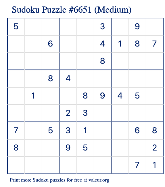 Free Printable Medium Sudoku Puzzle number 6651