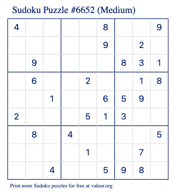 Free Printable Medium Sudoku Puzzle number 6652