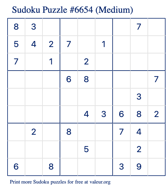 Free Printable Medium Sudoku Puzzle number 6654