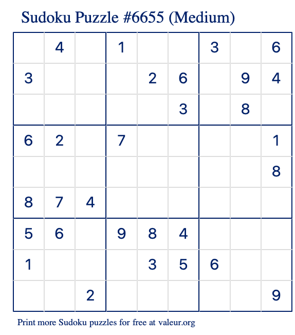 Free Printable Medium Sudoku Puzzle number 6655