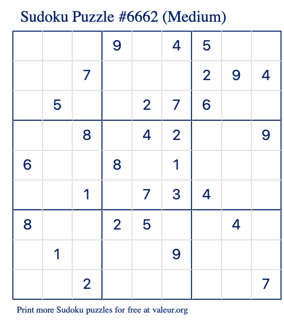 Free Printable Medium Sudoku Puzzle number 6662