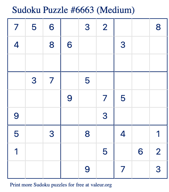 Free Printable Medium Sudoku Puzzle number 6663