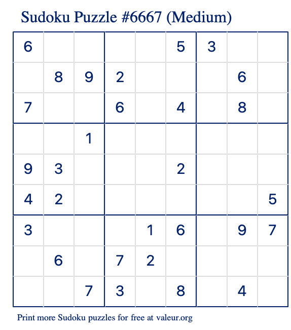 Free Printable Medium Sudoku Puzzle number 6667