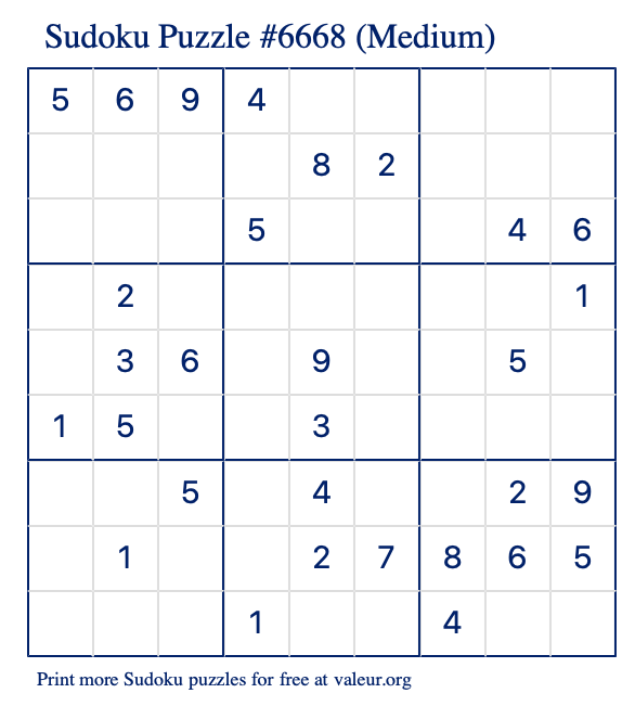 Free Printable Medium Sudoku Puzzle number 6668