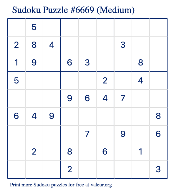 Free Printable Medium Sudoku Puzzle number 6669