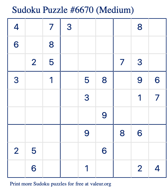 Free Printable Medium Sudoku Puzzle number 6670