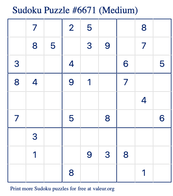 Free Printable Medium Sudoku Puzzle number 6671