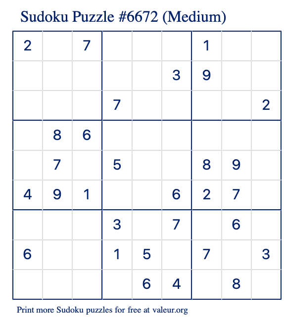 Free Printable Medium Sudoku Puzzle number 6672