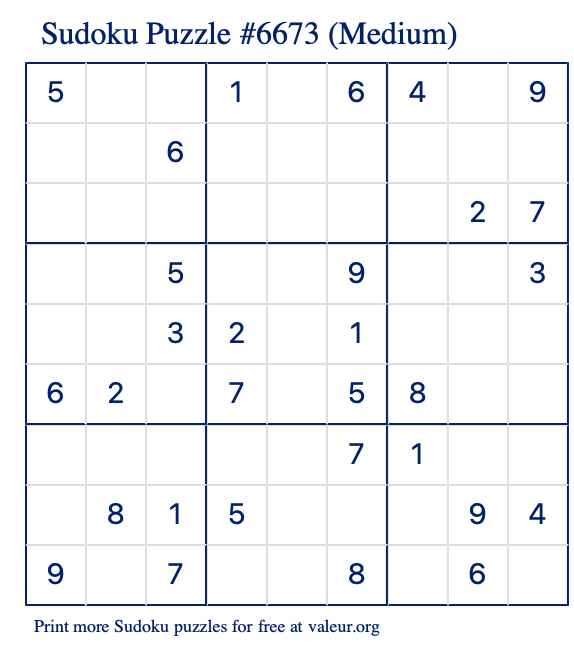 Free Printable Medium Sudoku Puzzle number 6673