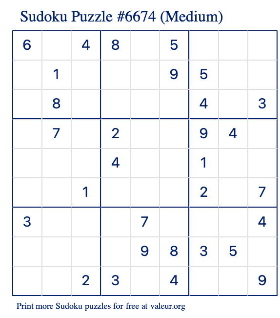 Free Printable Medium Sudoku Puzzle number 6674