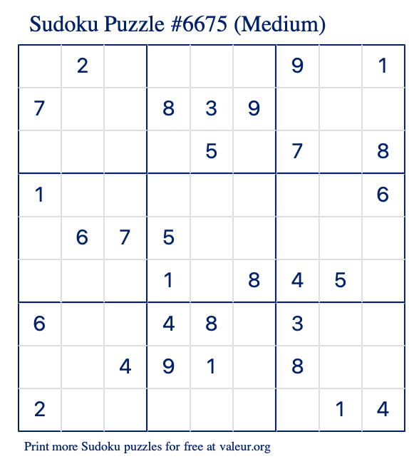 Free Printable Medium Sudoku Puzzle number 6675